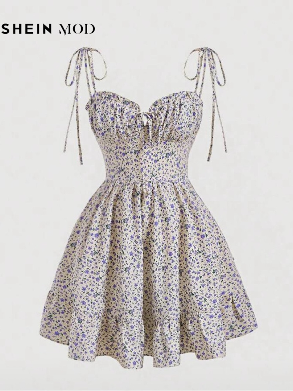 SHEIN Cream Mini Dress with Purple Floral Tie-Shoulder